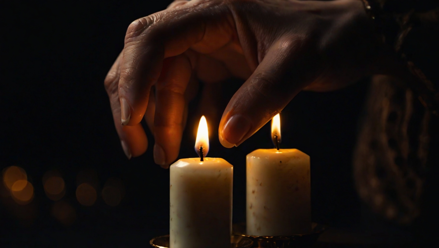 Close-up of hands creating a small, deliberate action — lighting a candle, single bright flame, deep blacks and warm golds, minimal focused composition