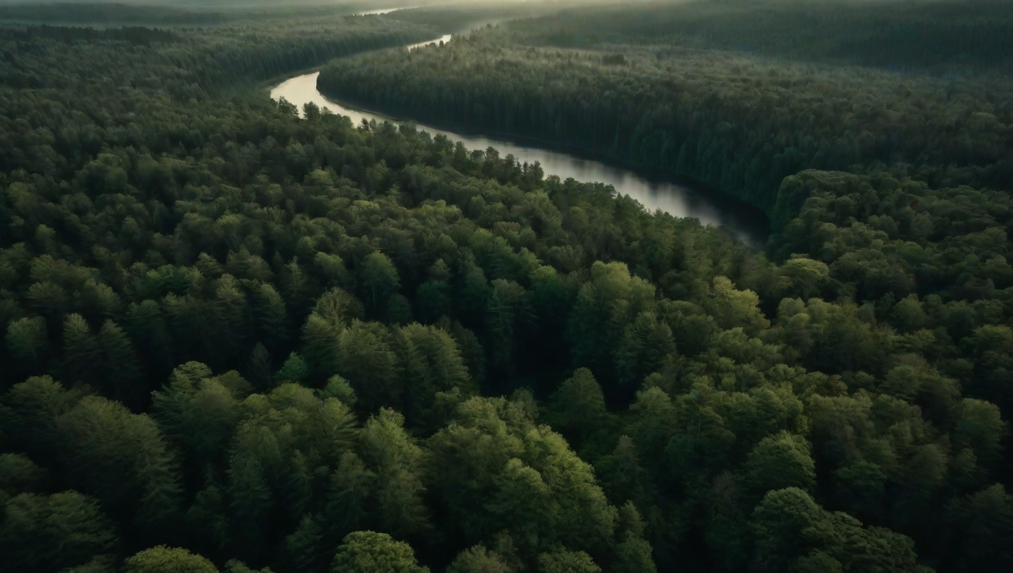 Aerial view of dense forest with clearing and morning mist