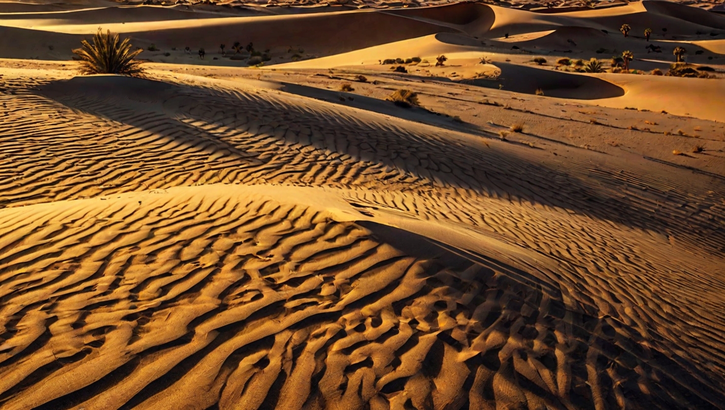 Aerial view of vast desert with wind-carved sand patterns and distant oasis