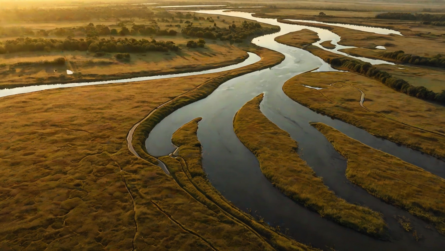 Aerial view of meandering river through golden grassland