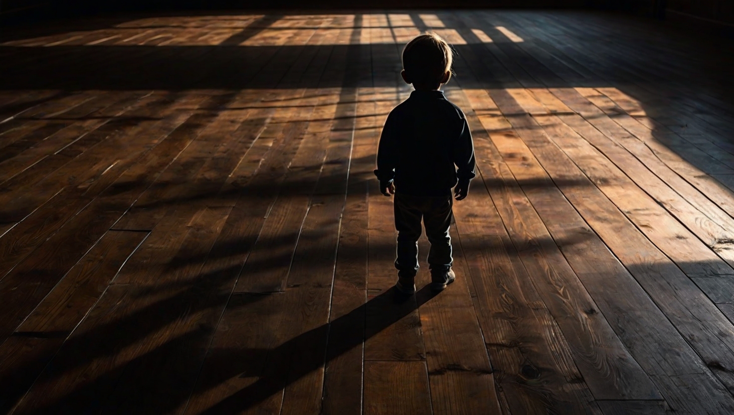 Silhouette of a small child standing in a large empty room, single overhead light creating long shadows on wooden floors, deep contrast between light and shadow, cinematic and atmospheric