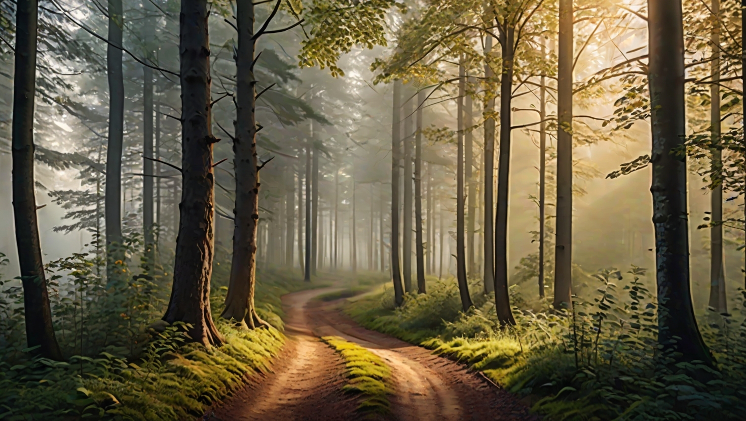 Misty morning forest scene with two figures walking on a winding path side by side, soft golden light filtering through tall trees, the path disappearing into peaceful fog ahead