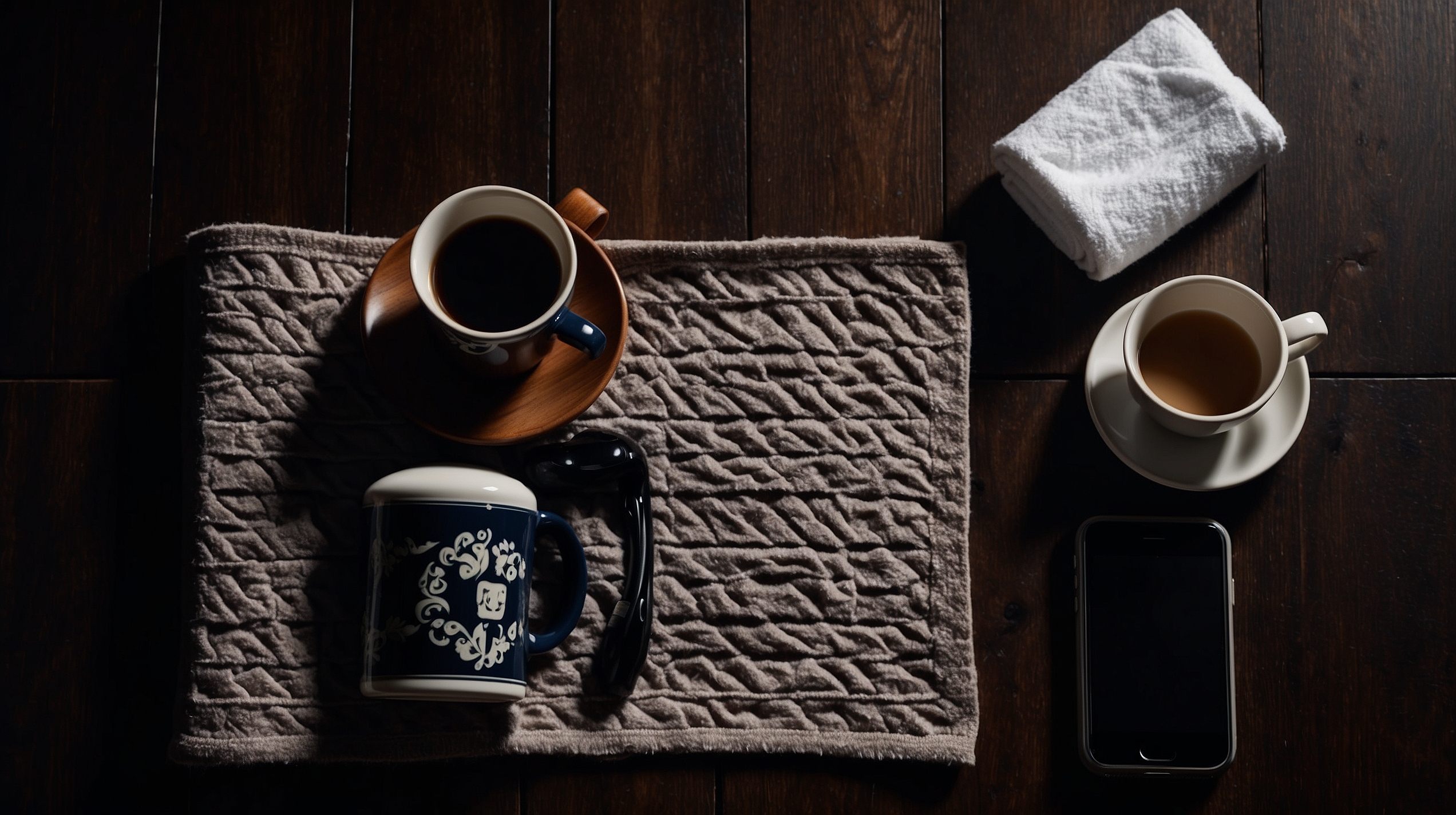 Aerial view of morning routine items arranged in geometric patterns on dark wooden surface, single directional light creating long dramatic shadows