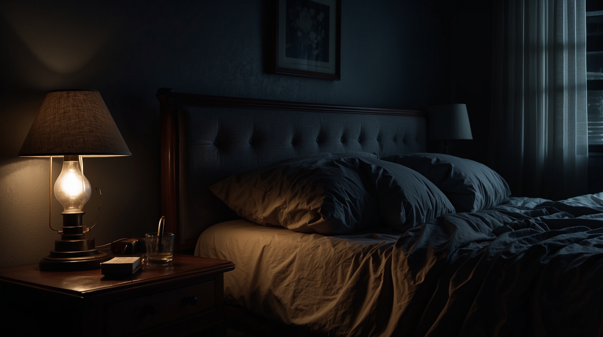Single light source illuminating everyday bedroom objects — phone face-down on nightstand, glass of water — in dramatic chiaroscuro lighting that makes mundane items appear significant