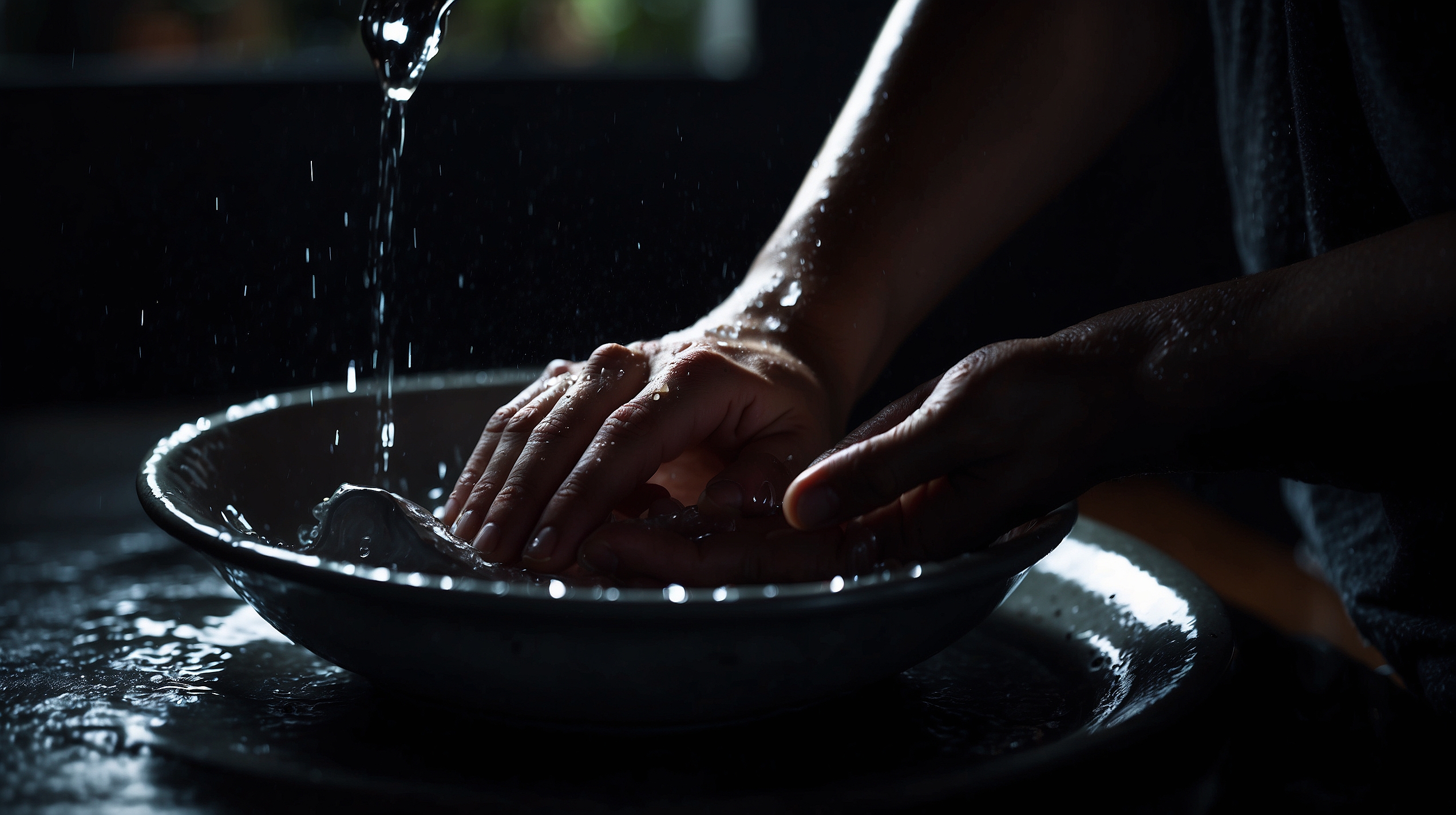 Close-up of hands washing a single dish with careful attention, water droplets caught mid-fall, dramatic chiaroscuro lighting surrounding the focused action