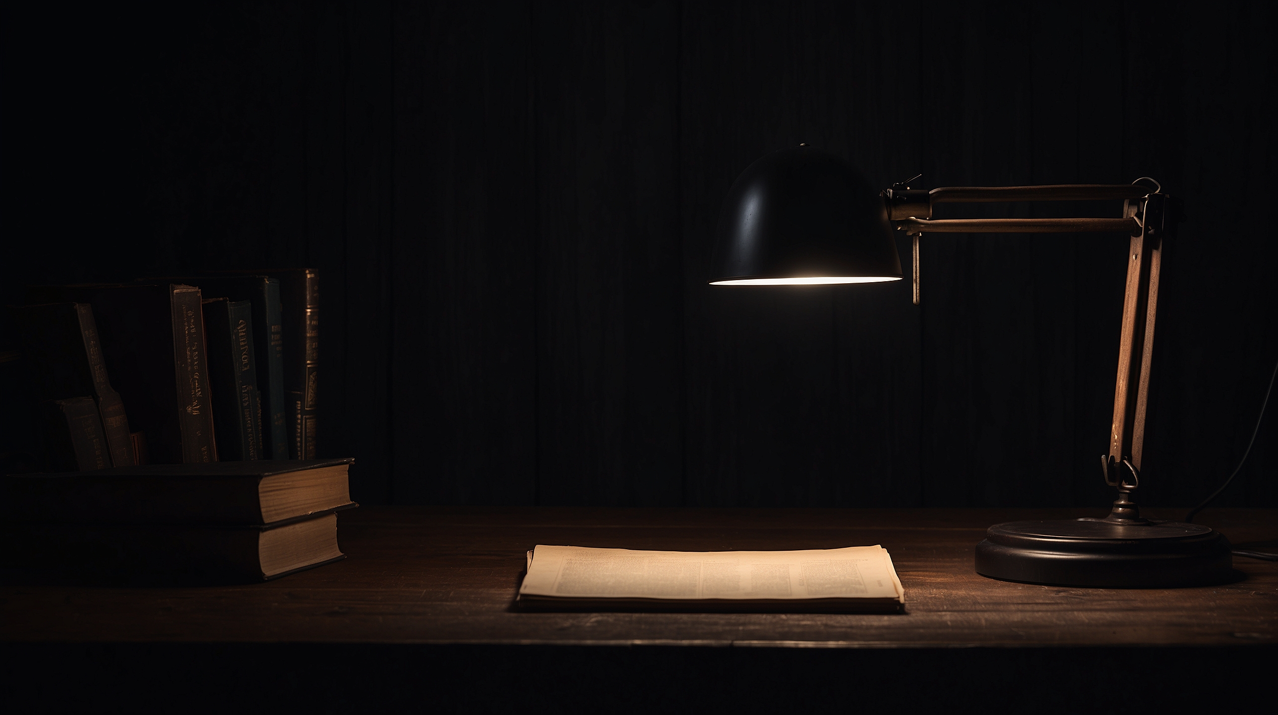 A single desk lamp illuminating hands at a wooden table in deep shadows, dramatic contrast between light and darkness emphasizing the quiet significance of small actions