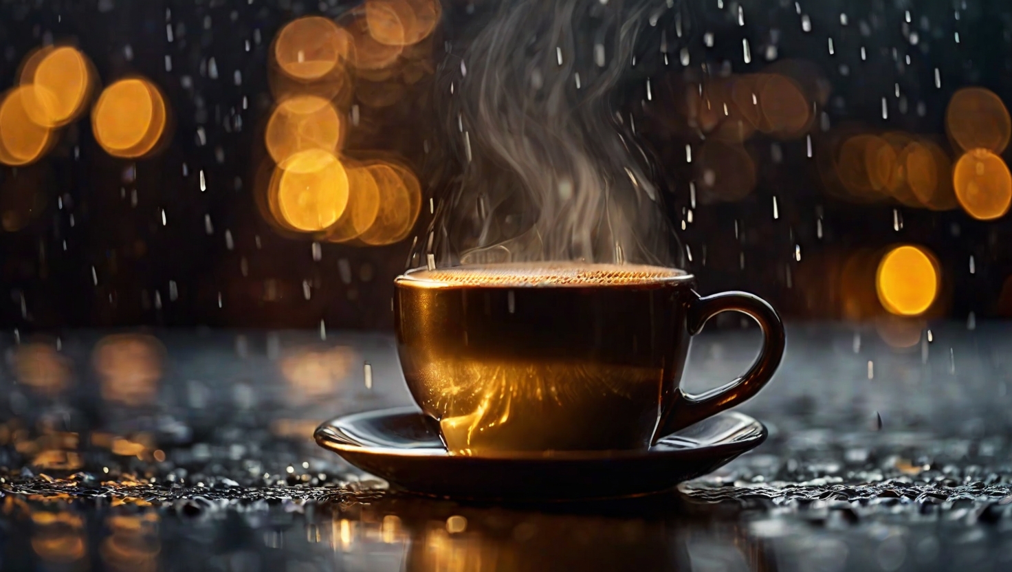 Hands holding a steaming coffee cup seen through rain-streaked glass