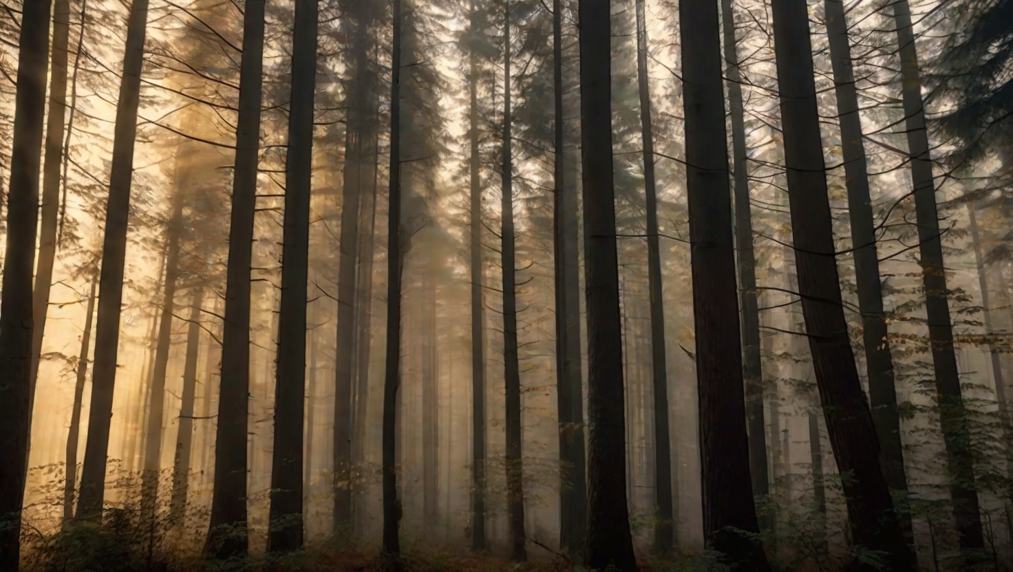 Vast misty forest with a small silhouette barely visible between tall trees in golden hour light