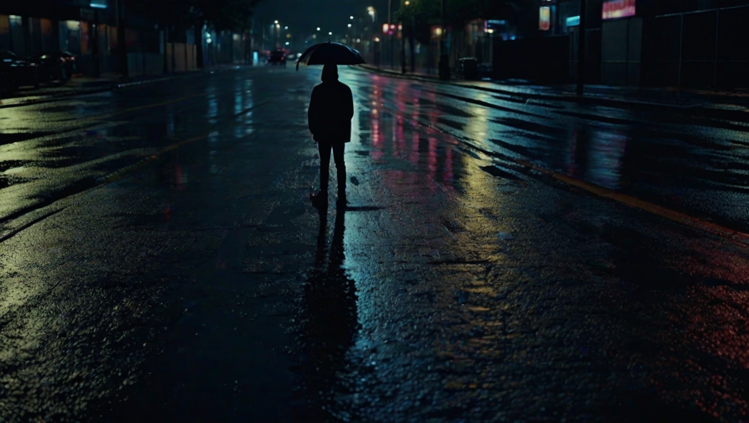 Single person standing under a streetlight at night, rain reflecting neon city lights