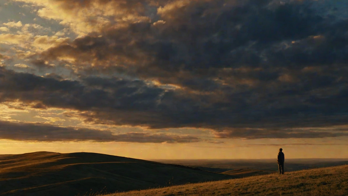 Wide open sky at sunset with vast rolling hills and a single small figure silhouetted on a hilltop