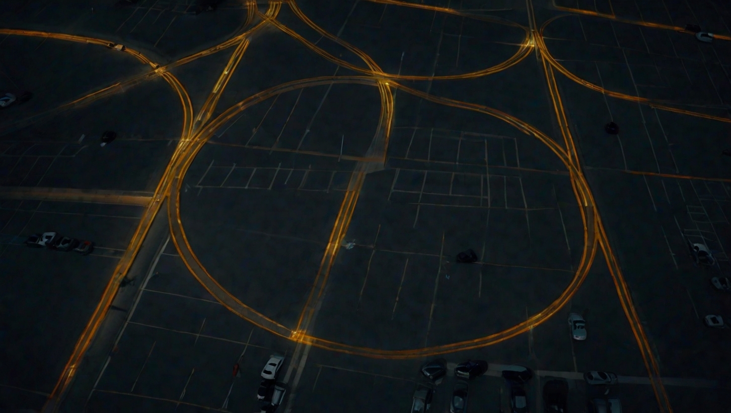 Aerial view of a single person walking through a vast empty parking lot at night