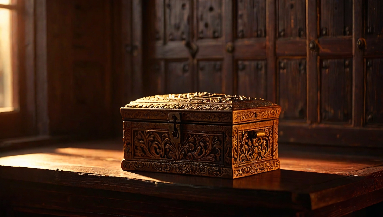 Hands opening an old locked box on a wooden table, golden light spilling out, behind the box an open doorway with fresh light beyond, the person's expression showing simultaneous sadness and relief