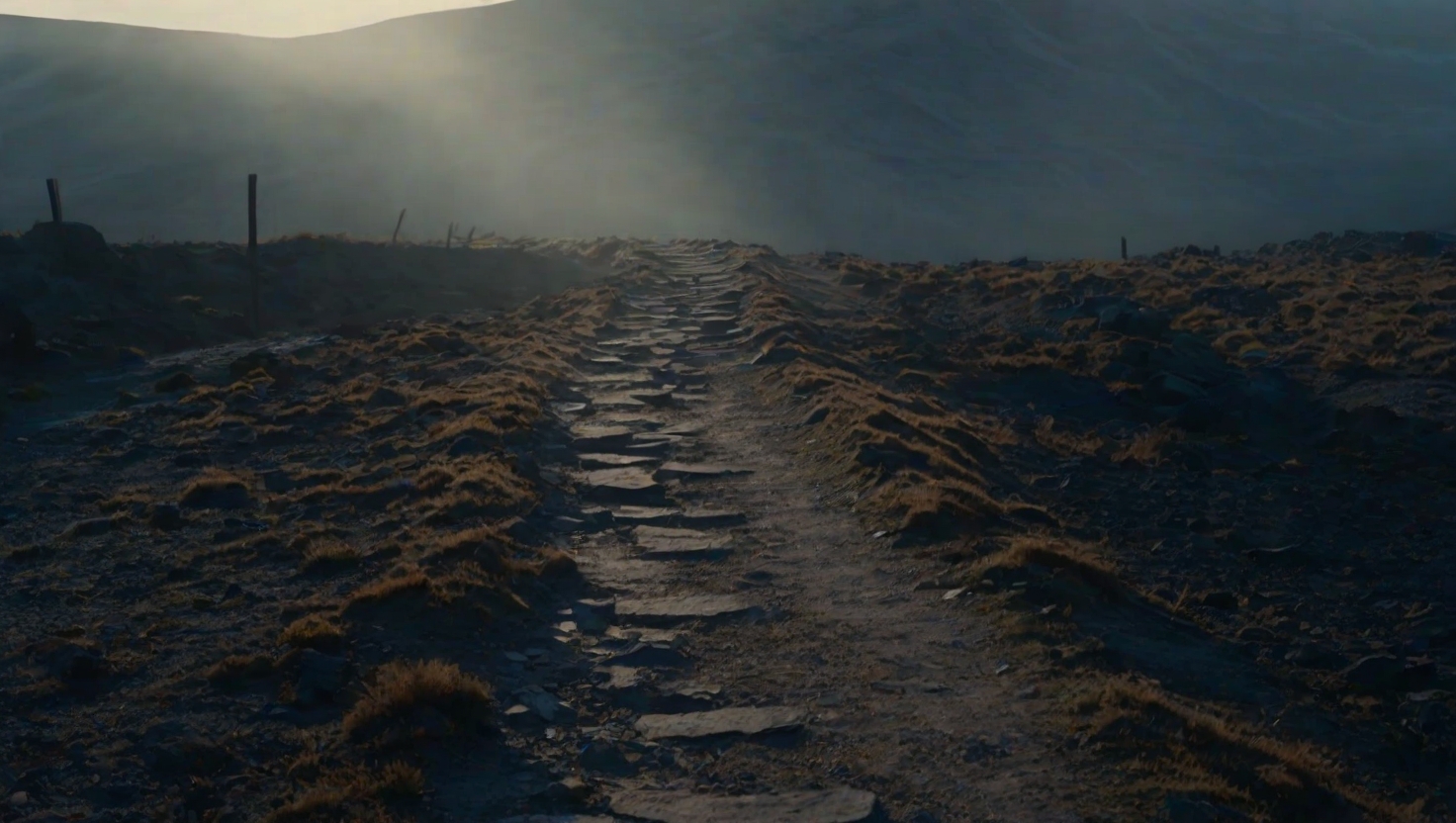Wide shot of a person standing at a crossroads with three paths ahead, behind them the path they came from is crumbling and fading into shadow, warm gold sunlight ahead and deep blue shadow behind