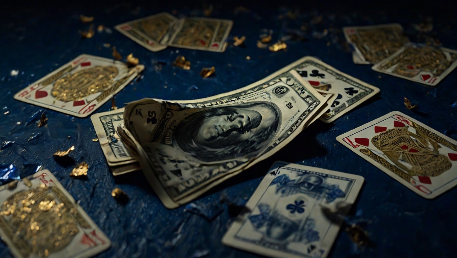 Close-up of hands holding crumpled cash and losing cards, fingers hovering mid-discard against a deep midnight-blue background, warm gold light catching the edge of the cards and bills