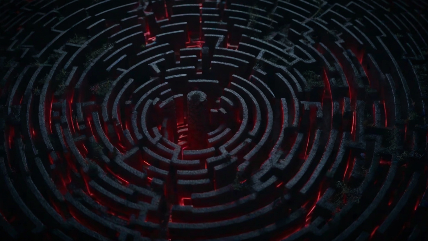 Overhead view of a maze with one path glowing red and dead-ending, hands tracing the failed route repeatedly in darkness, deep blacks and grays with crimson accents